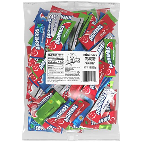 Airheads Candy Mini Bars, Assorted Flavors, Individually Wrapped, Non Melting, Party, 5 Pound Bag