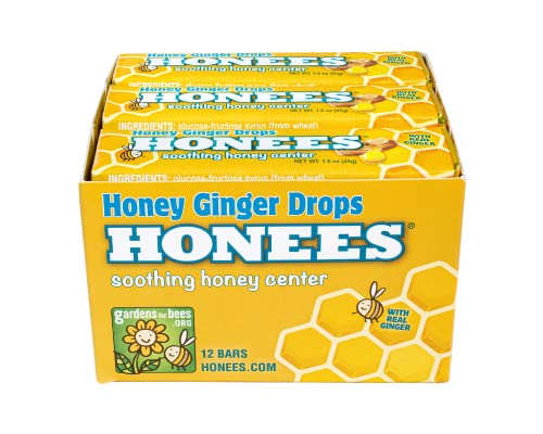 Honees Honey Ginger Soothing Throat Drops, 12 Bars, Soothing Honey Center, Made with Real Ginger